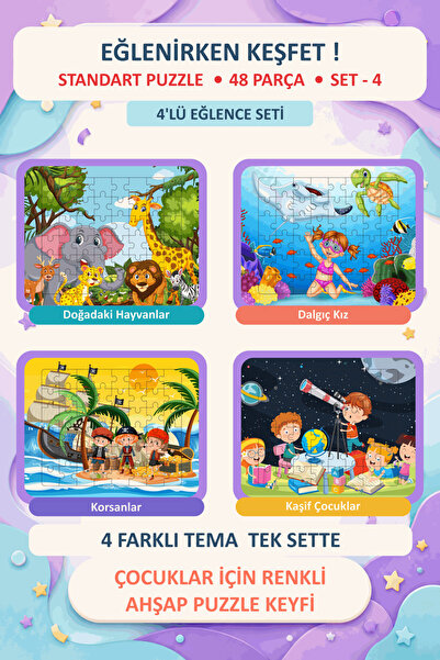 gift plus 48 Parça Montessori Eğitici Ahşap Yapboz 4'lü Set - Motor Beceri Ge...