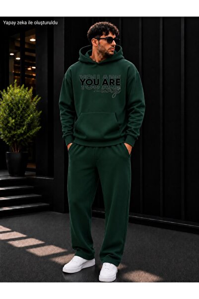 caddekombin Men's You Are Enough Written Sweatpants Set / Hooded Sweatshirt w...