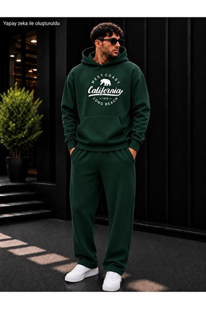 caddekombin Men's California West Coast Bear Printed Tracksuit Set / Hooded K...