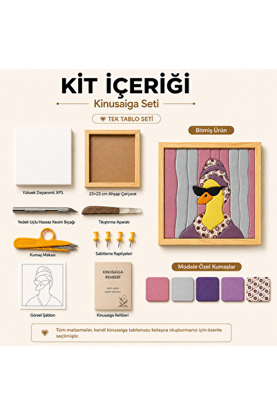 Kitier Mor Ördek Kinusaiga Kumaş Tablo Hobi Kiti, Çerçeveli Hobi Seti 23x23 cm