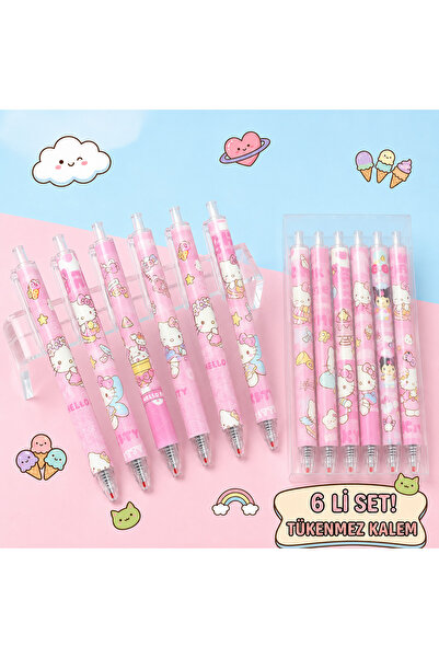 synshop 6-Piece Kawaii Cute Cat Pink Hello Kittyyy Patterned Ballpoint Pen Se...