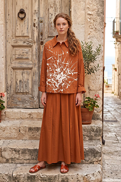 Ceremony Paper Touch Skirt Suit with Paint Printed Front 930 Light Brown