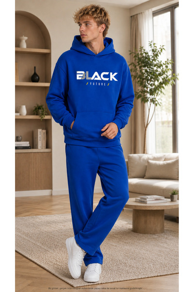 caddekombin Men's Black Future Printed Tracksuit Set / Hooded Sweatshirt with...