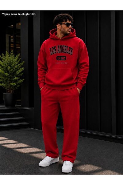 caddekombin Men's Los Angeles Est 1985 Printed Tracksuit Set / Hooded Kangaro...
