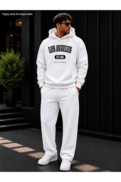 caddekombin Men's Los Angeles Est 1985 Printed Tracksuit Set / Hooded Kangaro...