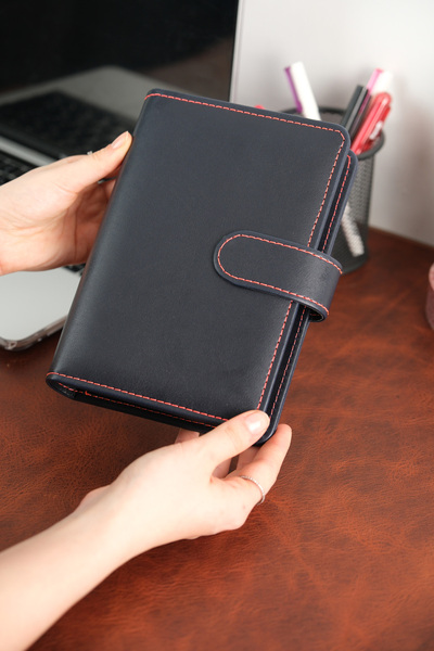 Mint Design Birikim Ajandası - Bütçe Planlayıcı Cüzdan - Siyah - Renkli Dikiş...
