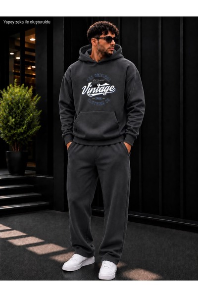 caddekombin Men's the Original Vintage Printed Tracksuit Set / Hooded Kangaro...