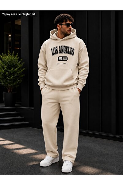 caddekombin Men's Los Angeles Est 1985 Printed Tracksuit Set / Hooded Kangaro...