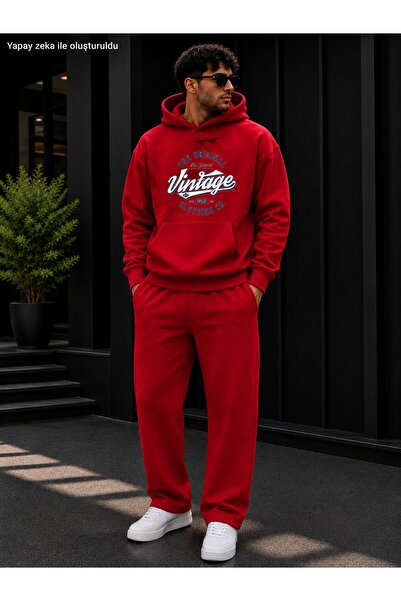caddekombin Men's the Original Vintage Printed Tracksuit Set / Hooded Kangaro...