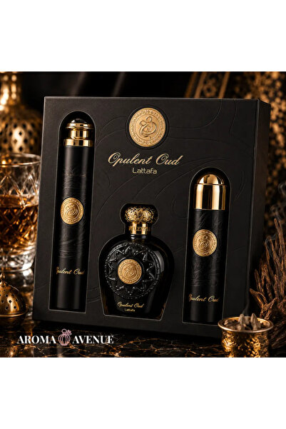 lattafa Set cadou Opulent Oud – Apă de parfum 100 ml + Spray parfumat 200 ml + Odorizant de cameră 300 ml