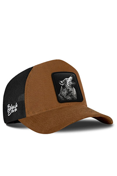 BlackBörk Camel-Black Trucker Hat with Wolf Logo