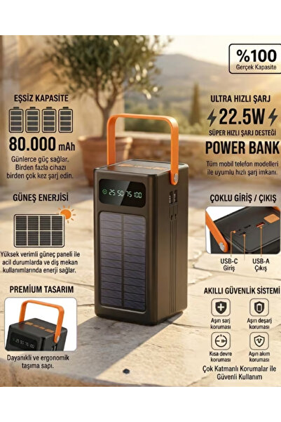 MO DOU 80.000 mAh Solar Powerbank 22.5W Hızlı Şarj Güneş Enerjili Dijital Göstergeli 4 USB Çıkışlı Type-C Outdoor Kamp Taşınabilir Şarj Cihazı