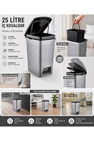 E-LİFE HOME Pedallı İç Kovalı Çöp Kovası 25 Litre GRİ