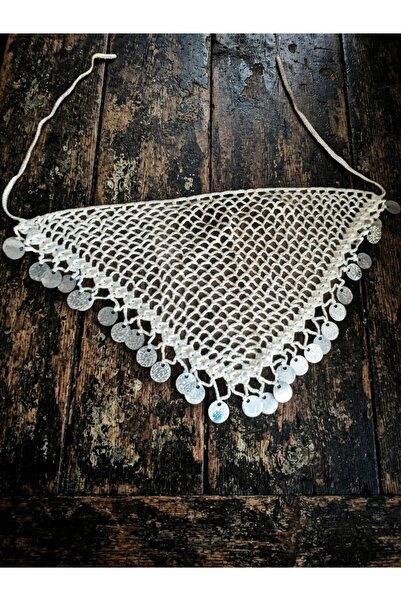 Esram Butik Hand Knitted Sequined Cream Bandana, Hair Accessory, Knitted Flav...