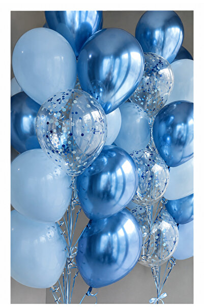 Parti Zamanı Krom Mavi ve Makaron mavi Tonlarında Şeffaf Konfetili Lüks Balon...