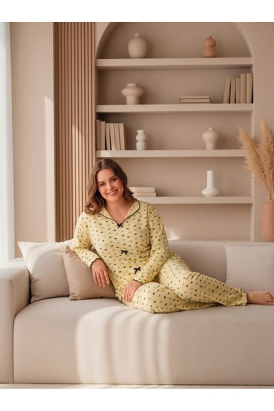LİLA İÇ GİYİM Battal Viscose Collared Bowknot Long Sleeve Pajama Set