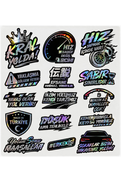 Genel Markalar Holografik Görünümlü Oto Sticker Seti – 15 Parça Araba İçin St...