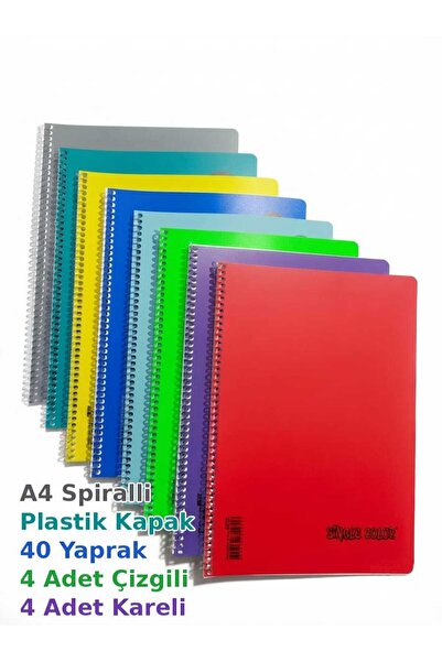 NOVAAVM A4 Defter 40 Yaprak Spiralli Okul Defteri 4 Adet Kareli - 4 Adet Çizg...
