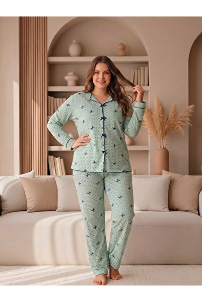 LİLA İÇ GİYİM Battal Viscose Collared Bowknot Long Sleeve Pajama Set