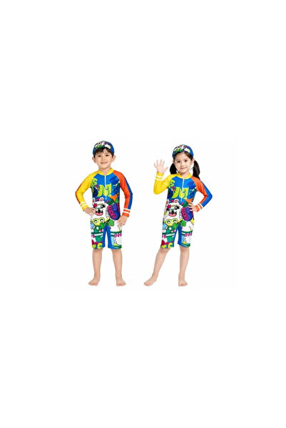 FEATHERLAND Kids Knee-Length One-Piece Swimsuit with Matching Swim Cap, Long ...