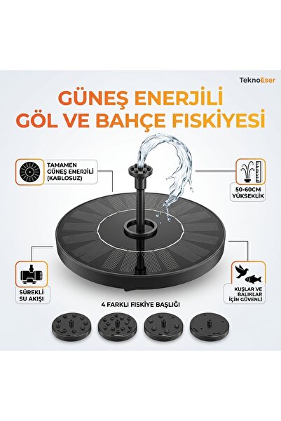 TeknoEser Solar Güneş Enerjili Yüzen Havuz Ve Bahçe Fıskiyesi 4 Başlıklı Süs ...