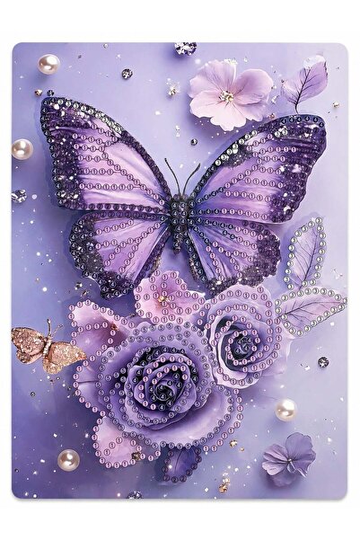iğne izi 5D Elmas Taş İşleme Kiti Tablo 15X20 cm Mor Kelebek - Diamond Painting