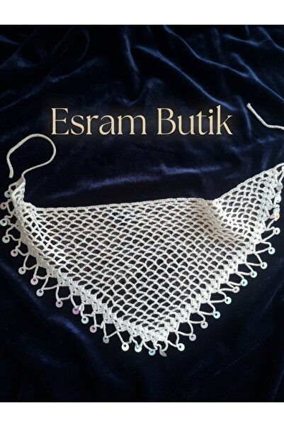 Esram Butik Hand Knitted Small Sequined Cream Bandana, Hair Accessory, Knitte...