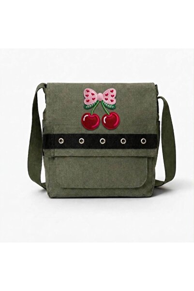 nesebutik Khaki Ribbon Heart Cherry Printed Round Eyelet Bag