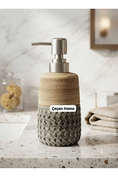 ÇEÇEN HOME Patterned Ceramic Liquid Soap Dispenser Bamboo Textured Grey Matte...