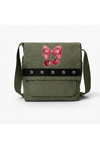 nesebutik Khaki Ribbon Cherry Pink Printed Round Eyelet Messenger Bag