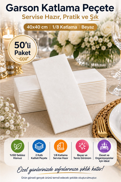 OpenCity 40x40 cm Beyaz Garson Katlama Peçete 2 Katlı 1/8 Katlı 50 Adet Düğün...