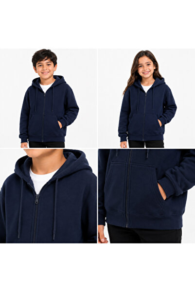 Nacar Kız&Erkek Çocuk 3 İplik Fermuarlı Kapüşonlu Okul Sweatshirt Hırka