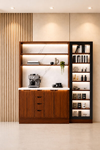 coffee world Modern Light Wood Grain Coffee Corner Table with Side Cabinet an...