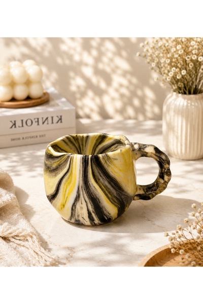 Çağ Seramik Ebruli Patterned Handmade Ceramic Mug – Coffee Cup with Handle