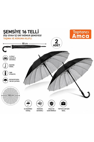 Toptancı Amca 2 Adet Şemsiye Toptan Şemsiye İçi Gri Baston Şemsiye Unisex Yağ...