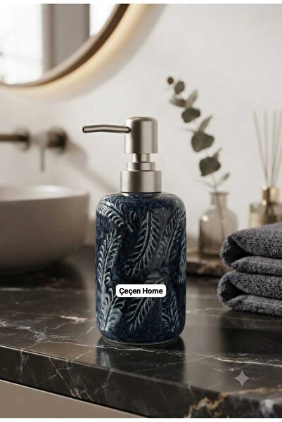 ÇEÇEN HOME Luxury Leaf Embossed Navy Blue Ceramic Liquid Soap Dispenser with ...
