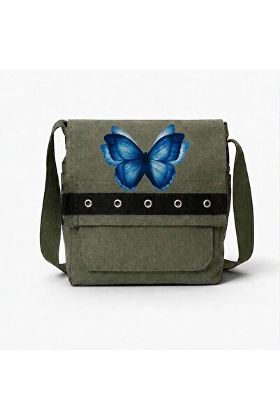 nesebutik Khaki Butterfly Blue Printed Round Eyelet Messenger Bag