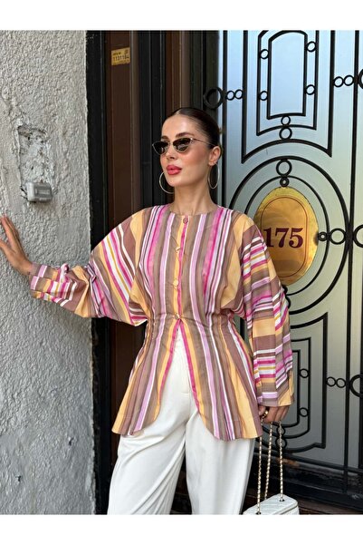 YK FASHION Renkli Belden Oturtmalı Gömlek