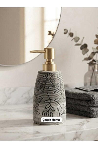 ÇEÇEN HOME Gray Floral Patterned Ceramic Liquid Soap Dispenser with Gold Colo...