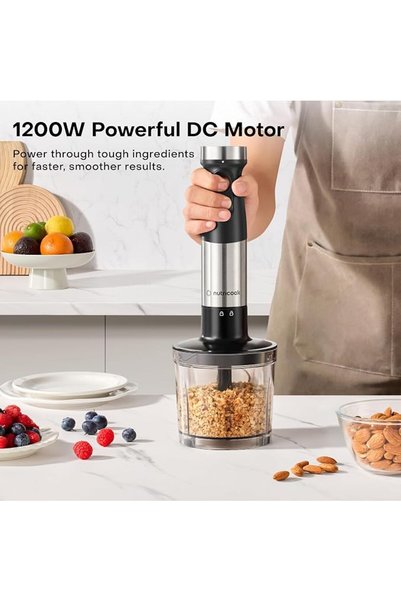 Nutricook خلاط يدوي بمحرك تيار مستمر بقوة 1200 واط مع وعاء سعة 700 مل، ووعاء تقطيع سعة 500 مل، وشفرات من الفولاذ المقاوم للصدأ.