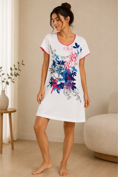Hand's of ezo Floral Patterned Cotton Short Home Dress – White