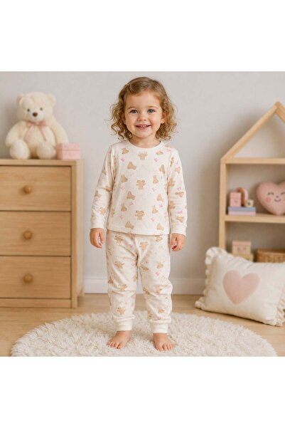 OEM Pijama de Iarna din Bumbac Bej cu Model Ursuleti pentru Copii 5-6 Ani