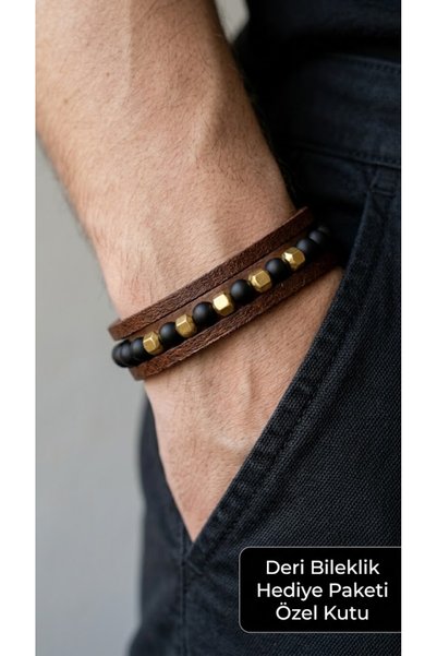 HER ŞEY NOTA www.herseynota.com Hadrian Goldmark Brown Leather Black Bead Det...