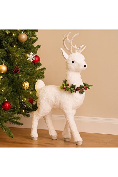 OEM Figurina Decorativa de Craciun Ren din Spuma Alba cu Glitter & Coronita 70cm