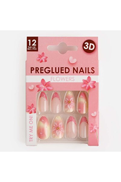OEM Pink French False Nails with Summer Beads with Almond Glue - 12pcs