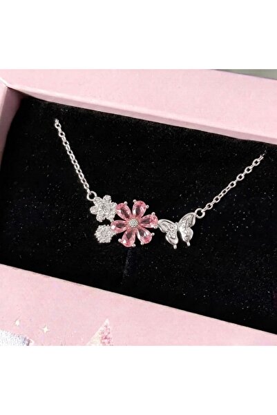 Heda Jewelry قلادة فراشة الساكورا - قلادة زهرة الساكورا الفولاذية