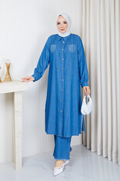Pamuk Butik Women's Slit Detailed Stone-Embellished Two-Piece Denim Set with ...