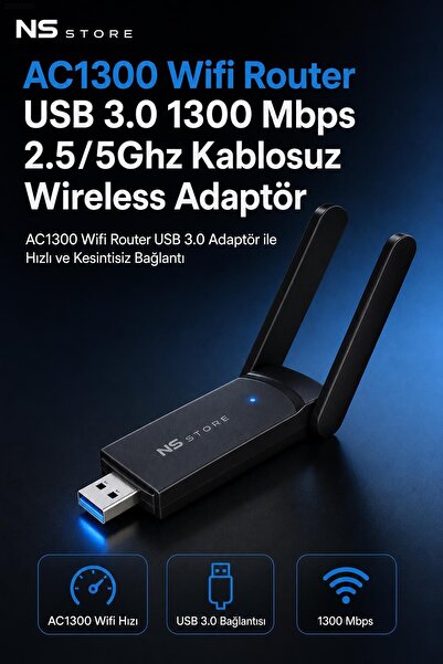 NS Store AC1300 Çift Bant USB 3.0 WiFi Adaptör 1300 Mbps Kablosuz Ağ ve İnter...