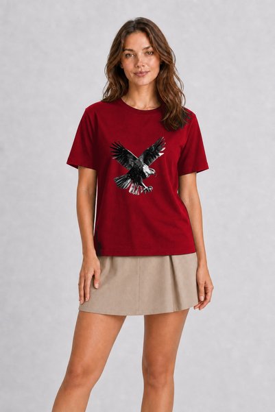 WAKHA تي شيرت نسائي من القطن بنسبة 100% مطبوع عليه رسومات مطبوعة باللون الأحم...