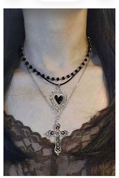 Köstebek 3'lü Set Gotik Hac Kolye ve Siyah Boncuklu Kalp Gerdanlık Kolye